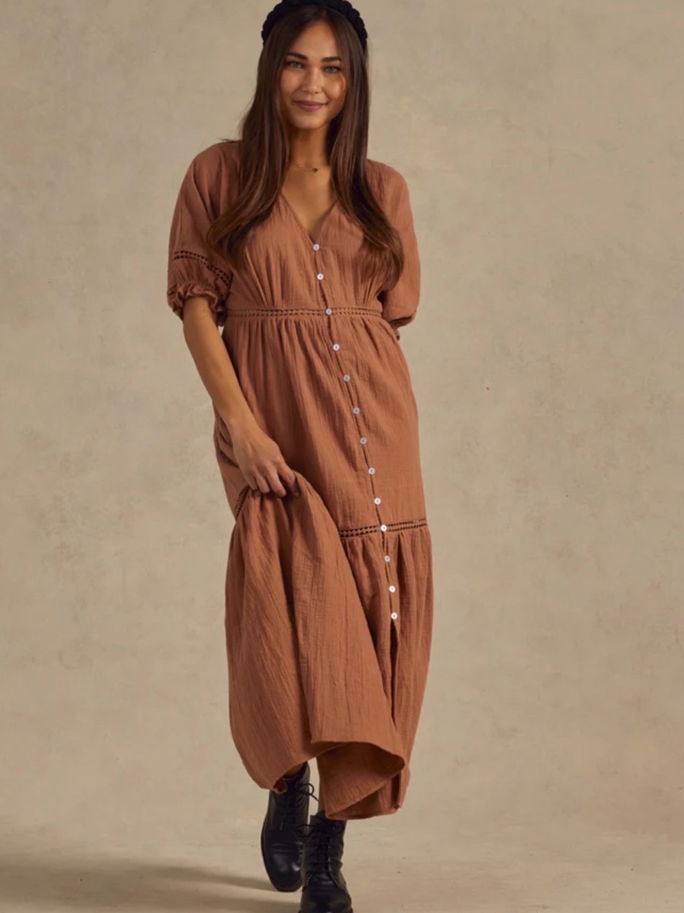 NWT Rylee + Cru Button-Front V-Neck Maxi Dress in Rust